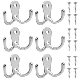 LFBEST 6 Pcs Door Hooks, Dual Coat Hooks Wall Mounted with 12 Screws, Double Prong Robe Hooks for Hanging, Heavy Duty Metal Clothes Towel Hooks for Kitchen Bedroom Wall Bathroom Hanging (Sliver)