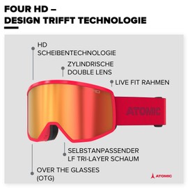 Atomic Four HD Ski Goggles – White – Ski Goggles with Contrasting Colours – High Quality Mirrored Snowboard Goggles – Goggles with Live Fit Frame – Ski Goggles with Large Field