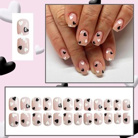 24Pcs Valentines Press on Nails Short Square Fake Nails with Black White Heart False Nails Nude Full Cover Glue on Nails Valentines Acrylic Nails for Women Reusable Cute Stick on Artificial Nails