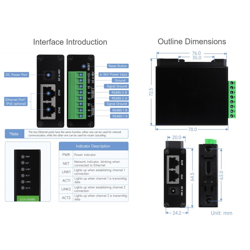 2-Ch RS485 to Ethernet Converter Industrial Isolated Serial Server, 2-Ch