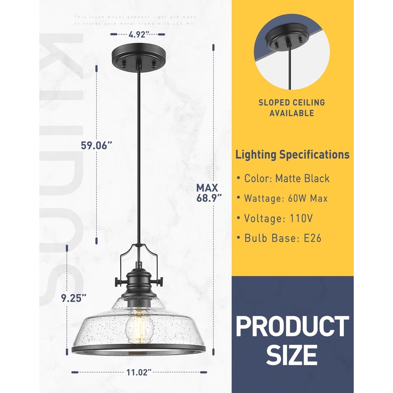 kudos Seeded Glass Pendant Light Kitchen Island, Adjustable Cord, Black