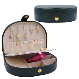 VVZOWW PU Leather Jewelry Organizer Compact Travel Case Multi Compartments Necklaces Bracelets Earrings Rings Lightweight Durable Perfect Giftfor Mom Valentine’s Soft-Lined Interior (Blackish green)