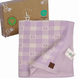 Gender-Neutral Checkered Baby Blanket 30x40 Inches, Lavender – 100% Organic GOTS Certified Cotton, Soft and Lightweight, Cloud Pattern Design, Perfect for Swaddling