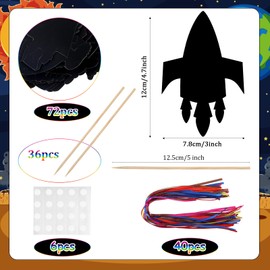 Engrowtic 72 Pcs Rocket Scratch Cards for Kids, Space Crafts Outer Space Scratch Paper Space Party Favors Rainbow Rocket Scratch Card with Wooden Stick and Ribbon for DIY Project Home Classroom