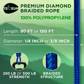 TECEUM Rope – 46M x 6mm (1/4 Inch) – Blue – Strong All-Purpose Utility Rope – Camping, Crafting, Flag Pole, Indoor & Outdoor – Polypropylene Nylon Poly Lightweight Diamond Braided Cord