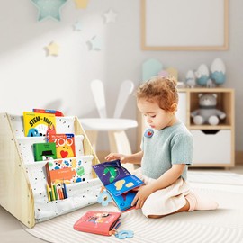 Set of 2 Solid Wood Toddler Bookshelf for Ages 1-4 Book Shelf for Kids Rooms 4-Tier Sling Nursery Book Shelves Montessori Book Rack for Bedroom Playroom Kids Book Organizer Floor Baby Bookcase Prints