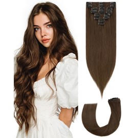 SLEEKALON Clip in Hair Extensions Real Human Hair Remy #2 Dark Brown - 14 Inch 60 Gram 8 Pcs Invisible Full Head Weft Straight