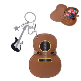 Guitar Pick Case and Guitar Pendant Keychain,Portable Leather Guitar Pick Storage Bag with 17 Slots for Guitar Lovers(Brown)