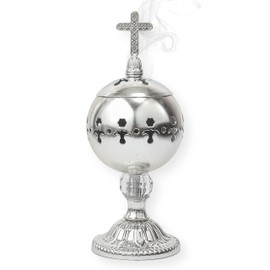 Nazareth Store Silver Charcoal Incense Burner Catholic Cross Censer Brass Plated Distiller for Church and Home