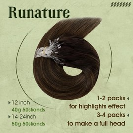RUNATURE Real Hair Extensions Micro Ring Brown Balayage 55 cm Long 1 g Invisible Hair Extensions 50s Hair Extensions Ombre #2/2/6