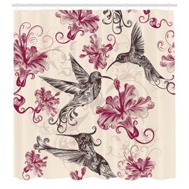 Ambesonne Colibríes Cortina de Baño, Las Flores de Los Remolinos de la Vendimia, Paño Conjunto de Decoración de Baño de Tela y Ganchos, 84" Extra Alta, Crema Negro Marrón