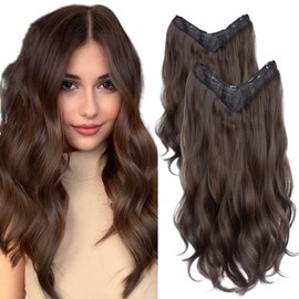 Extensiones de cabello con clip, juego de 2 piezas de 45 cm y 60 cm de largo, extensiones de cabello con clip invisibles con 5 clips seguros, postizos largos y ondulados, un paquete es suficiente para toda la cabeza, cabello natural y suave y combina bie