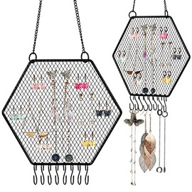 2 Pieces Earring Wall Holder Wall Mounted Earring Organizer Hanging Hexagon Earring Stand Decorative Diamond Grid Shape Jewelry Display Rack with Hanging Hooks for Earrings Necklaces Bracelets (Black)