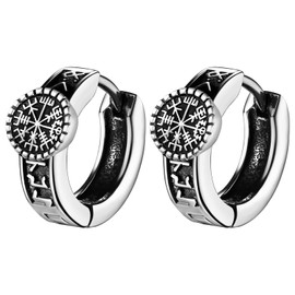 Cupimatch Wikinger Ohrringe Herren Creolen: Edelstahl Norwegischer Kompass Ohrstecker Wikingerrunen Huggie-Ohrringe Amulett Schmuck für Männer Vater Sohn