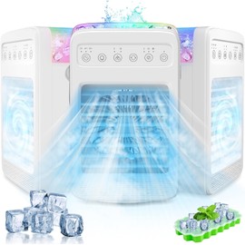 Swamp Cooler, Air Conditioners Portable with Water Tank 2/4/6H Timer, 180° Oscillating Evaporative Air Coolers with 4 Speeds 2 Cool Mists 7 Color Lights, Cooling Fan for Room Bedroom Office