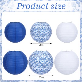 Riakrum 18 Pcs Chinoiserie Paper Lantern Set 10" 8" Blue and White Porcelain Print Round Lantern Chinese Japanese Hanging Paper Lantern for Ceiling Wedding Birthday Party Home Decor