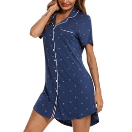 Samring Sleep Shirt Short Sleeves Pajama Button Down Top Nightgown Boyfriend Night Shirt Sleepwear Blue Love XXL