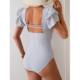 Eomenie Women's Tummy Control One Piece Swimsuit Ruffle Square Neck Bathing Suit Ruched Cutout Back Slimming Swimwear Black White Stripe