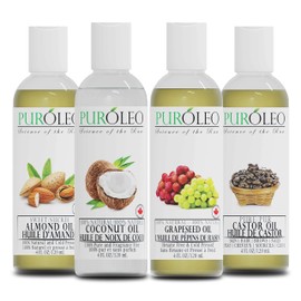 PUROLEO Carrier Oil Gift set- 4 Pcs Large Pack- Coconut Oil- Almond Oil - Castor Oil - Grapeseed Oil - 100% Natural Moisturizing Massage, Face oil, Hair Oil, Body Oil, Baby oil, Birthday Gift pack (4 FL OZ/120 ML)