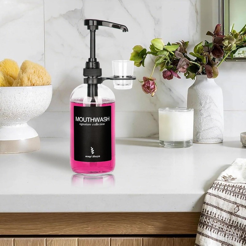 Onsogi Clear Glass Mouthwash Dispenser with Black Cup Holder and