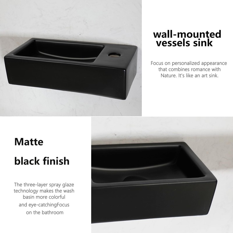 MEKKHALA Floating Vessel Sink Wall Mount 15x7 inch Black Small