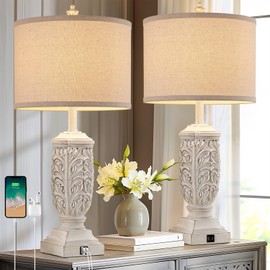 Fullarge Table Lamps Set of 2 for Living Room, Farmhouse Bedside Lamp with USB C+A for Bedroom, 28.5" Tall Rustic Nightstand Lamps with Linen Fabric Shade,White Elegante Lamps for Hotel Office Decor