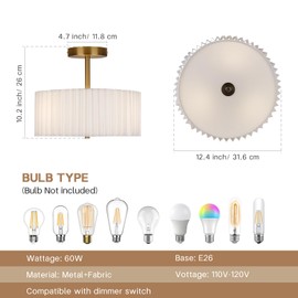 CLARSYNE Modern Semi Flush Mount Ceiling Light with Pleated Fabric Shade, 12.5” Drum Gold Light Fixture with Lights, Warm White Linen Lamp for Bedroom, Living Room, Dining Room, Hallway, Kids Room