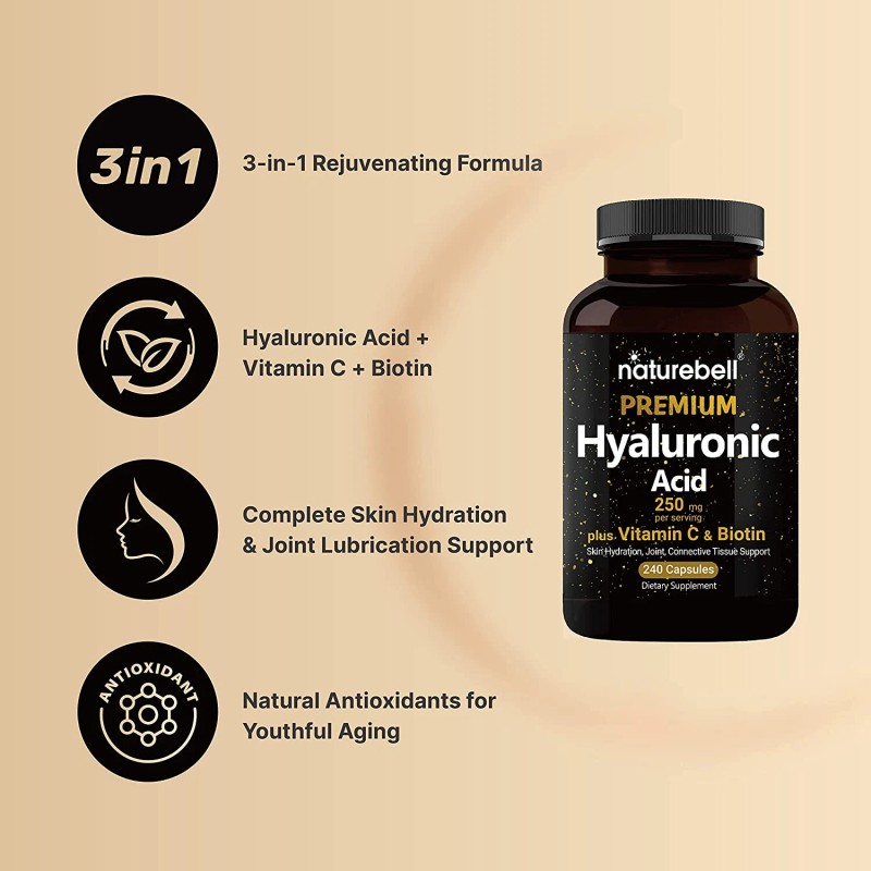 NatureBell Hyaluronic Acid 250mg Capsules - 240 Count with Biotin