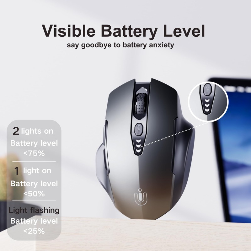 Uineer Wireless Mouse,[Upgraded] Rechargeable 2.4GHz (Battery Level Visible) Ergonomic Computer