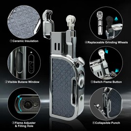 Butane Torch Lighter,Soft/Jet Dual Switchable Windproof Adjustable Flame,Refillable Grinding Wheel Cool Lighter with Punch,Men’s Gift(Butane Not Included)