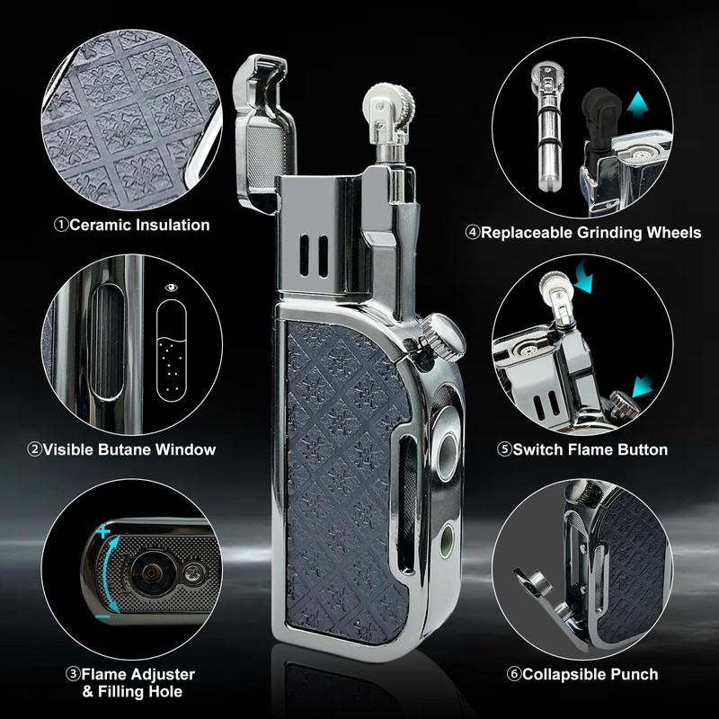 Butane Torch Lighter,Soft/Jet Dual Switchable Windproof Adjustable Flame,Refillable Grinding Wheel