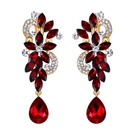 BriLove Wedding Bridal Clip On Earrings for Women, Bohemian Rhinestone Crystal Flower Teardrop Chandelier Dangle Red Gold Tone