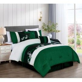 Chezmoi Collection Napa 7-Piece Luxury Leaves Scroll Embroidery Bedding Comforter Set (California King, Green/Black/Cream)