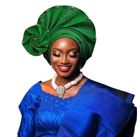 Nigerian headwear African headscarf,Auto Gele headband,hand wrap beaded - made for weddings parties events (Green)