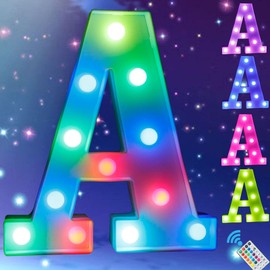 Light Up Colorful LED Marquee Letter Lights, 18 Colors Changing Alphabet Letters Sign with Remote Timer for Night Light Wedding Birthday Party Lamp Christmas Home Bar Decor- Colorful A