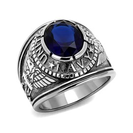 Eternal Sparkles Men's USA Navy Military Patriotic Masculine Ring Blue Stone in Silver Stainless Steel