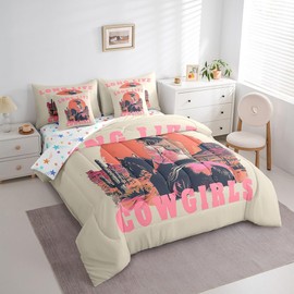 Feelyou Boys Girls Cowgirl Bed in A Bag Queen Size, Western 7 Pieces Bedding Set Wild West Cowboy Comforter Set with Sheets Kids Cactus Teens Bed Set Bedroom Decor 7Pcs
