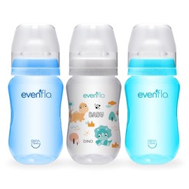 Evenflo Biberón Anticólicos Forest, Diseño de Dinosaurio, Cuello Ancho, 270ml/9oz, Azul y Turquesa, Flujo Medio, Sistema de Ventilación, 3 Piezas, para Bebés de 3 Meses en Adelante