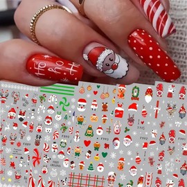 Christmas Nail Art Stickers Decals Santa Claus Nail Stickers 5Pcs Winter Xmas Nail Decals Snowman Elk Santa Hat Design Self Adhesive 3D Nail Art Supplies Cute Nail Stickers for Women Holiday Nail Art