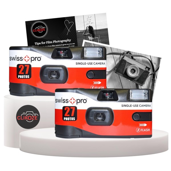 Disposable Cameras Multipack - Bundle with 2 X Swiss+Pro Disposable Camera Single-Use Film Cameras with 27 Exposures and Clikoze Disposable Photography Tips Card
