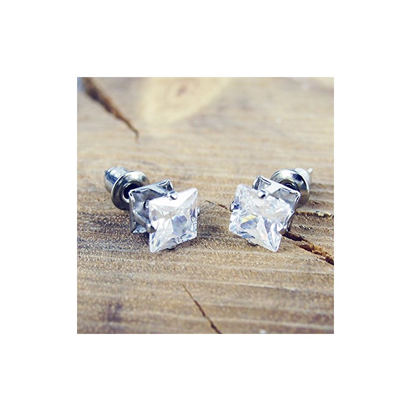 UN21 Men's Silver Crystal Ronaldo Steel Diamond Square Earrings 6mm,