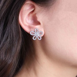Cybche Boho Rhinestone Earrings Crystal Flower Hollow Earrings Hollow Flower Petal Earrings Silver CZ Paved Flower Stud Earrings Flower Shape Earrings Jewellery for Women, Zinc, No Gemstone