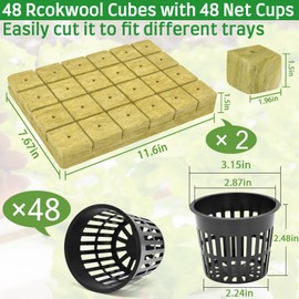 Halatool 48 x 2-Inch Rockwool Cubes & 48 x 3-Inch Net Cups - Hydroponics Starter Kit for Plants Cloning, Seed Starting, and Patio Gardening - Durable, Effective, Great Gift Option