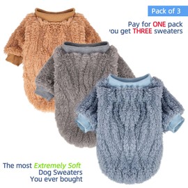 FabriCastle Dog Sweater, 3-Pack Dog & Cat Clothes, Ultra Soft and Warm Pet Jackets XXS XS for Small Dogs Boy, Winter Pet Apparel Costumes, Puppy Outfits (Blue,Grey,Doe, XX-Small)
