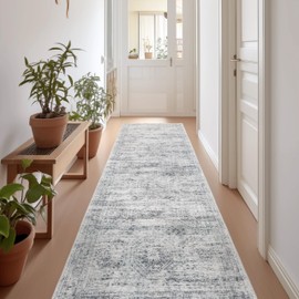 Restydon Rug Runners for Hallways Non Slip - 2x8 Runner Rug for Bedroom, Washable Runner with Rubber Backing, Soft Low-Pile Carpet for Kitchen, Laundry, Bathroom (2'x8', Grey/Ivory)