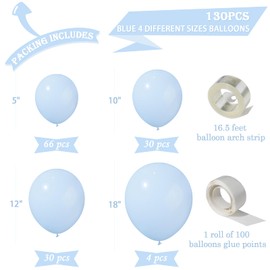 Moukiween 130PCS Pastel Blue Balloons Garland Arch Kit, Different Sizes 18 12 10 5 Inch Latex Balloons for Baby Shower Wedding Birthday Party Decorations