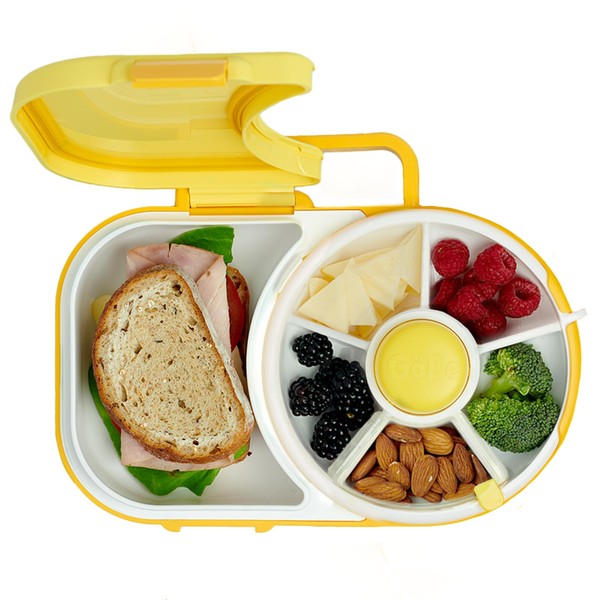 GoBe Kids Lunchbox with Detachable Snack Spinner + Hand Strap & Sticker Sheet, Reusable Bento Style Lunch Container 5 Small +1 Large Sandwich Compartment BPA & PVC Free, Dishwasher Safe (Lemon Yellow)
