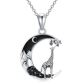 Flpruy Giraffe Necklace 925 Sterling Silver Giraffe Pendant with Black Crescent Moon Necklace Giraffe Jewelry Gift for Women Gothic Jewelry Gifts for Women