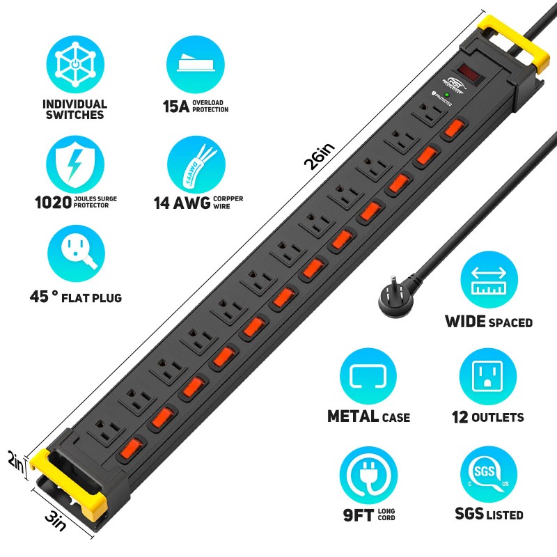 CRST 12 Outlets Power Strip Surge Protector with Individual Switches