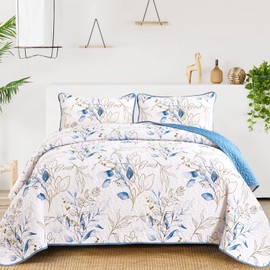 Anibedding Blue Quilt Set California King,3Pieces Reversible Elegant Botanical Blue Leaves Pattern Bedspread Coverlet Soft Microfiber Bed Cover for All Season(106"×96")
